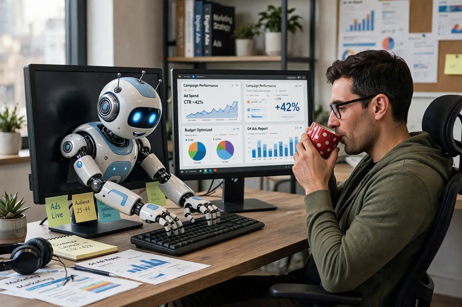 Elégedett marketinges kávézik, mellette robot dolgozik a riportokon