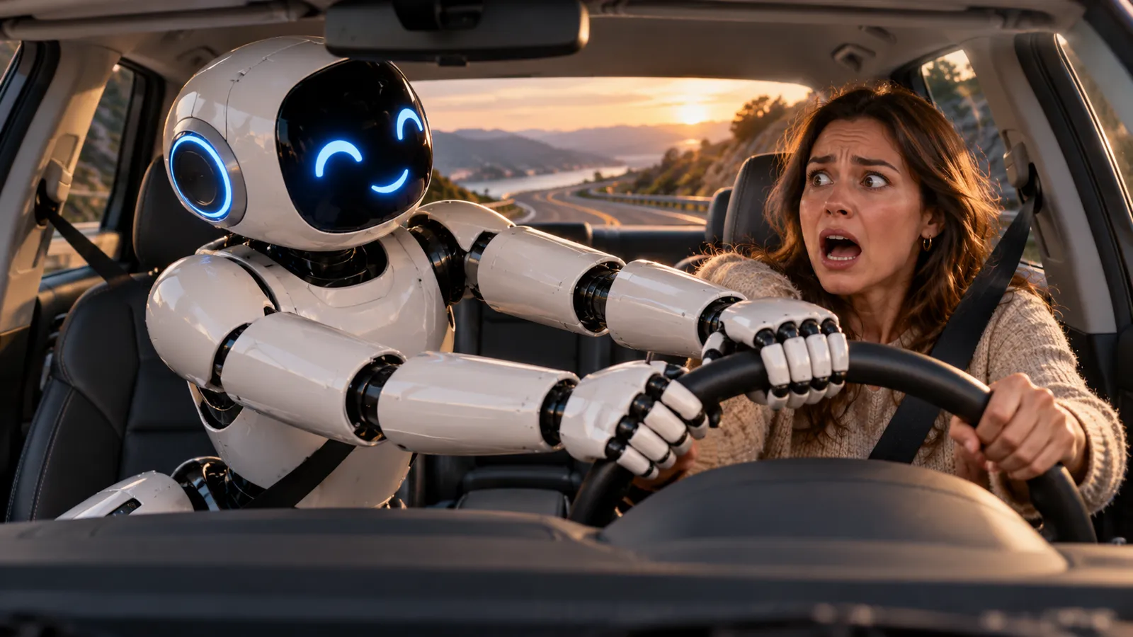 Robot vezeti az autót, mellette rémült utas