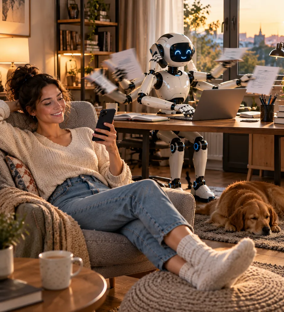 Pihenő marketinges, mellette robot dolgozik a tartalmakon