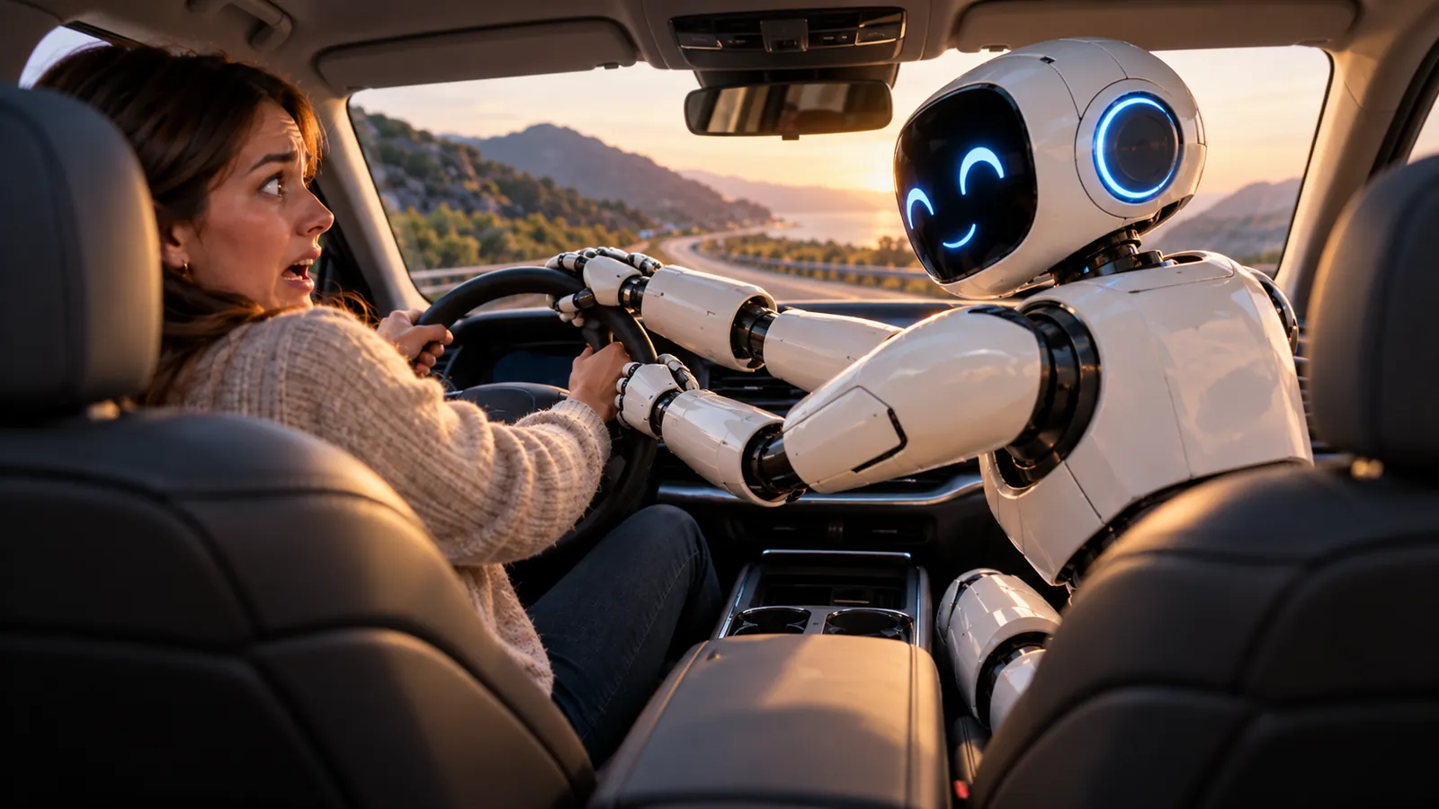 Robot vezeti az autót, mellette rémült utas